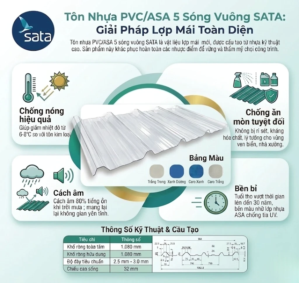 Thông số tôn nhựa 5 sóng SATA SMART 