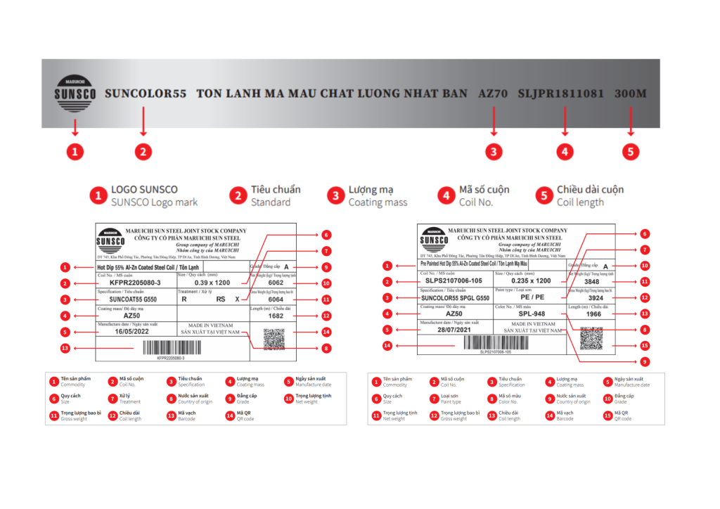 Trên bề mặt tôn Sunco in đầy đủ thông tin