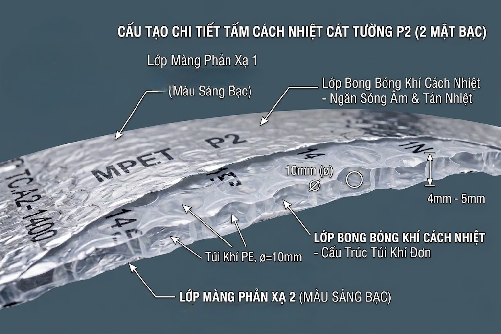 Cấu tạo tấm cách nhiệt Cát Tường 2 mặt bạc