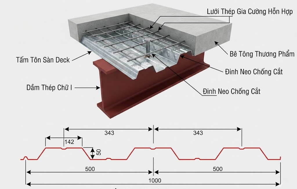 Cấu tạo Tôn sàn deck 1.2 ly