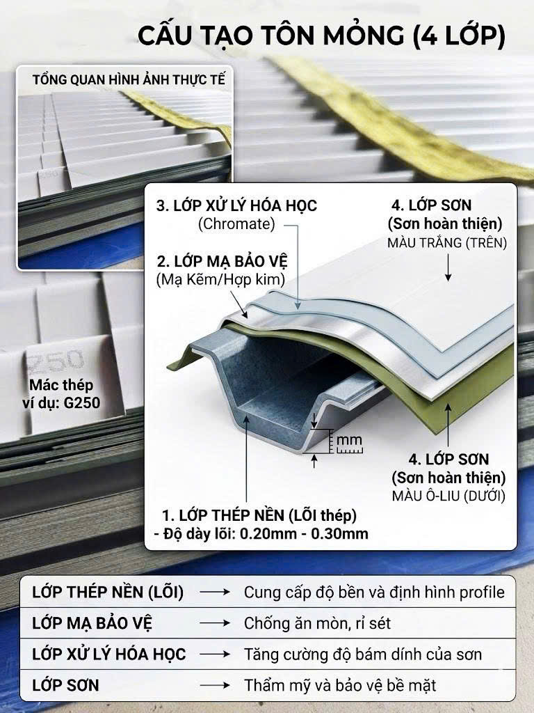 Tôn Mỏng Lợp Mái – Giải Pháp Thi Công Nhanh, Độ Bền Cao 3 Cấu Tạo Và Thông Số Kỹ Thuật Tôn Mỏng Lợp Mái