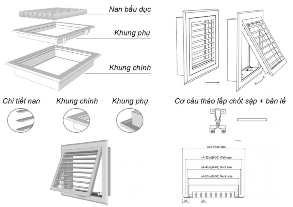 Cấu tạo miệng gió 1 lớp nan BD tháo lắp